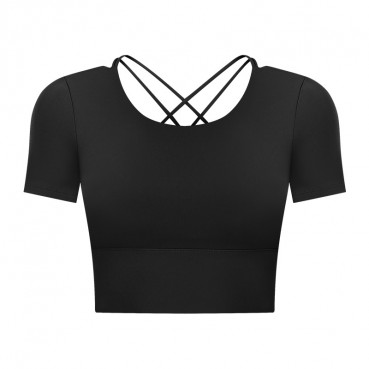 2021 Summer new bowl short paragraph chest mat yoga T-shirt female hollow beauty back outdoor casual sports short sleeves