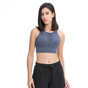 2021 spring and summer new front gear splicing mesh sports bra pull high round collar gathered anti-seismic sports lingerie