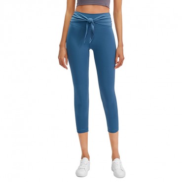 New front waist fashion straps sports seven pants women's skinny naked stretch Slim high elastic yoga pants Europe and the United States