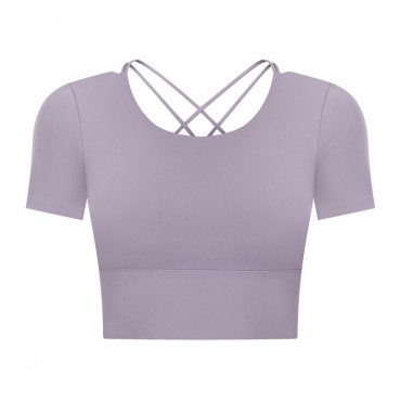 2021 Summer new bowl short paragraph chest mat yoga T-shirt female hollow beauty back outdoor casual sports short sleeves
