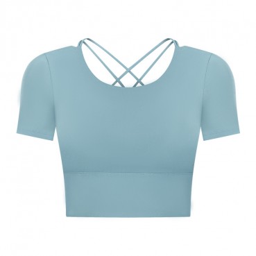 2021 Summer new bowl short paragraph chest mat yoga T-shirt female hollow beauty back outdoor casual sports short sleeves