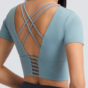 2021 Summer new bowl short paragraph chest mat yoga T-shirt female hollow beauty back outdoor casual sports short sleeves