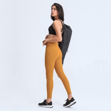2021 spring and summer new yoga trousers female elastic double-sided grinding high waist pants splicing pocket sports running nine pants