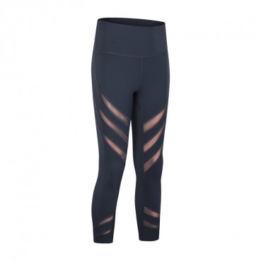 New striped hollow mesh yarn naked yoga pants solid color stretch slim running sports seven pants female spring and summer