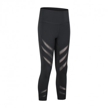 New striped hollow mesh yarn naked yoga pants solid color stretch slim running sports seven pants female spring and summer