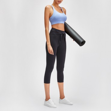 New front waist fashion straps sports seven pants women's skinny naked stretch Slim high elastic yoga pants Europe and the United States