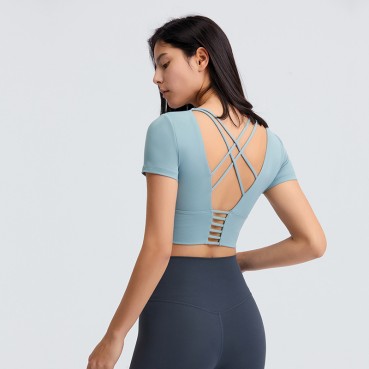 2021 Summer new bowl short paragraph chest mat yoga T-shirt female hollow beauty back outdoor casual sports short sleeves
