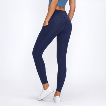 New elastic double-sided thin yoga trousers female high waist splicing pocket sports running nine pants autumn and winter