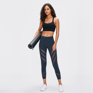 New striped hollow mesh yarn naked yoga pants solid color stretch slim running sports seven pants female spring and summer