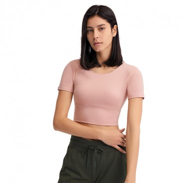 2021 Summer new bowl short paragraph chest mat yoga T-shirt female hollow beauty back outdoor casual sports short sleeves