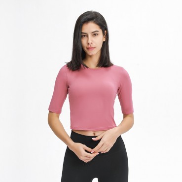 2021 spring and summer new product slim thin short sports fitness middle sleeves Europe and the United States simple solid color women yoga clothing