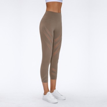 New striped hollow mesh yarn naked yoga pants solid color stretch slim running sports seven pants female spring and summer