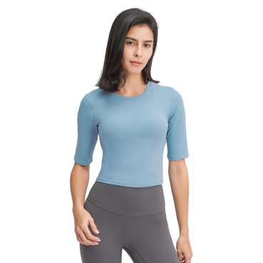 2021 spring and summer new product slim thin short sports fitness middle sleeves Europe and the United States simple solid color women yoga clothing