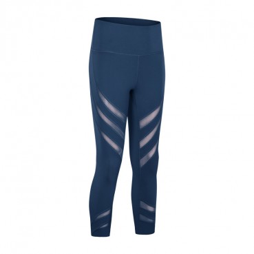 New striped hollow mesh yarn naked yoga pants solid color stretch slim running sports seven pants female spring and summer
