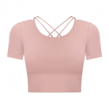 2021 Summer new bowl short paragraph chest mat yoga T-shirt female hollow beauty back outdoor casual sports short sleeves