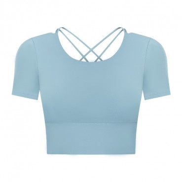 2021 Summer new bowl short paragraph chest mat yoga T-shirt female hollow beauty back outdoor casual sports short sleeves