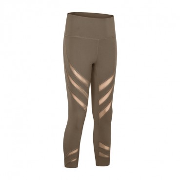 New striped hollow mesh yarn naked yoga pants solid color stretch slim running sports seven pants female spring and summer