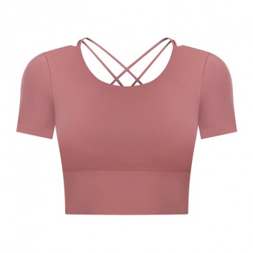 2021 Summer new bowl short paragraph chest mat yoga T-shirt female hollow beauty back outdoor casual sports short sleeves