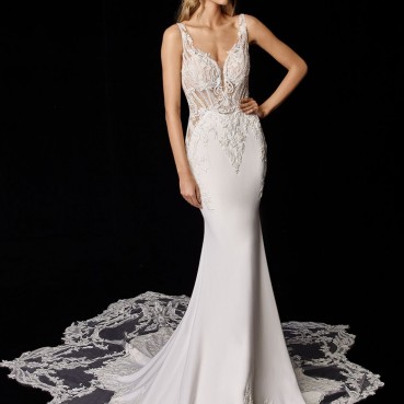 Beaded floral lace and beaded linear lace stretch georgette cylindrical skirt Trailing wedding dress(Two ways)