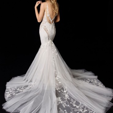 Beaded floral lace and beaded linear lace stretch georgette cylindrical skirt Trailing wedding dress(Two ways)