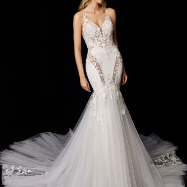 Beaded floral lace and beaded linear lace stretch georgette cylindrical skirt Trailing wedding dress(Two ways)