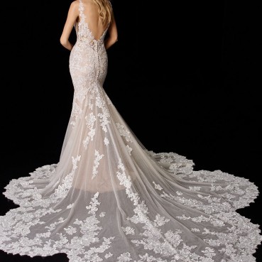 Exquisite and dreamy classic Spanish bridal wedding dress with soft floral embroidered lace