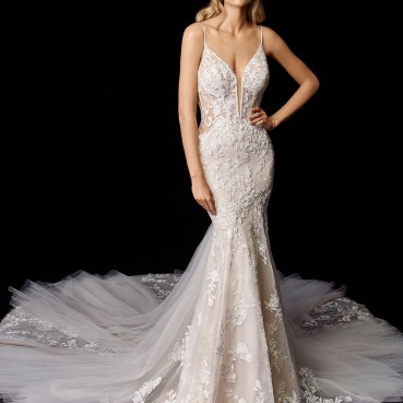 Stunning floral embroidered lace tail wedding dress