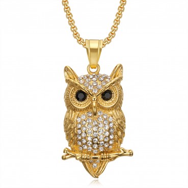 HIPHOP Jewelry Titanium Steel Gold Plated Diamond Set Owl Pendant Necklace