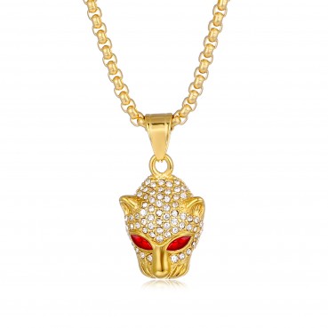 Stainless steel necklace with green, red, blue eyes and full diamond leopard head pendant